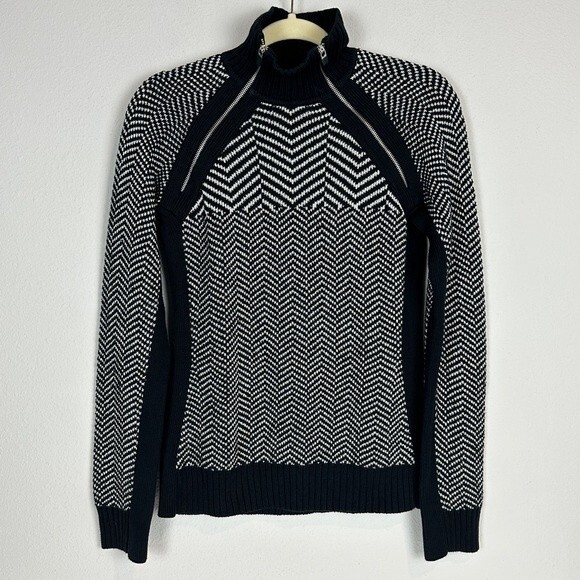 Tommy Hilfiger Black White Chevron Zipper Mock Turtleneck Sweater M - Picture 1 of 7